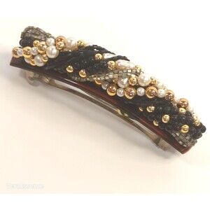 VINTAGE BEADED HAIR BARRETTE MURANO GLASS BEADS PEARLS BLACK WHITE GOLD ITALY